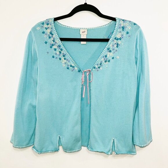 2/$30 EUC Vintage 100% Cotton Cottagecore Embroidered Cardigan Aqua Blue Medium - Picture 1 of 6